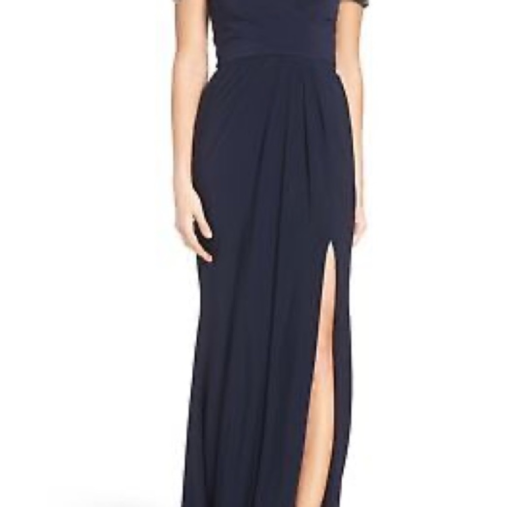 XSCAPE FORMAL DRESS NAVY BLUE OFF THE SHOULDER BEADED PROM